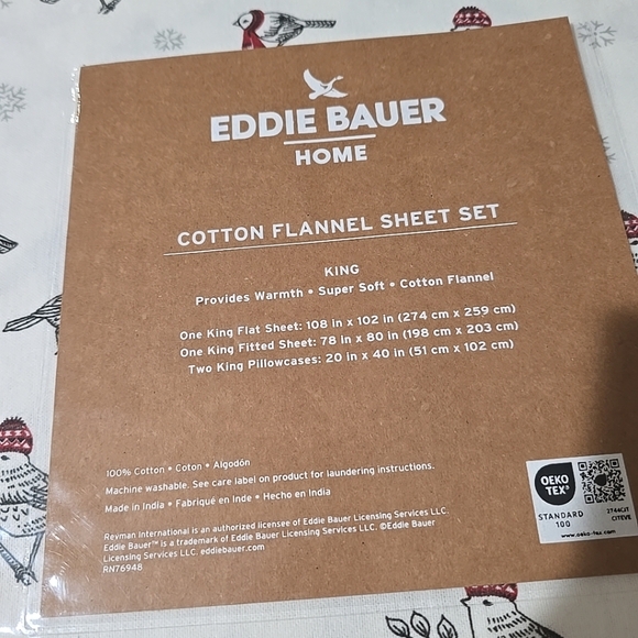 NWT Eddie Bauer Home King 100% Cotton Flannel Sheet Set Frosty Finch Snowflake - Picture 4 of 5